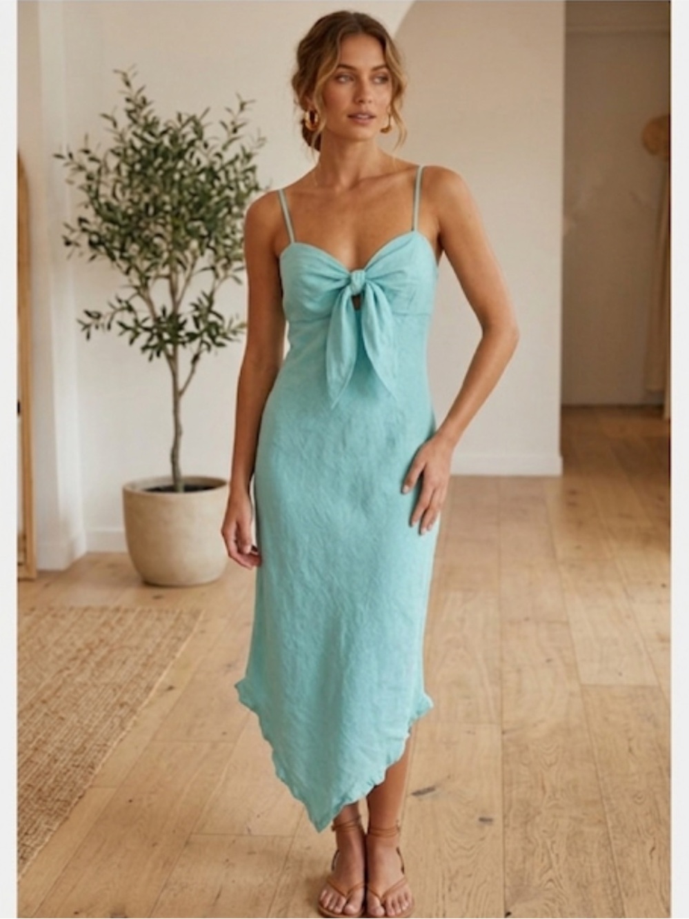 Le Muse Womens 100% Linen Bow Front Asymetrical Tea Midi Dress Teal Blue Size 6
